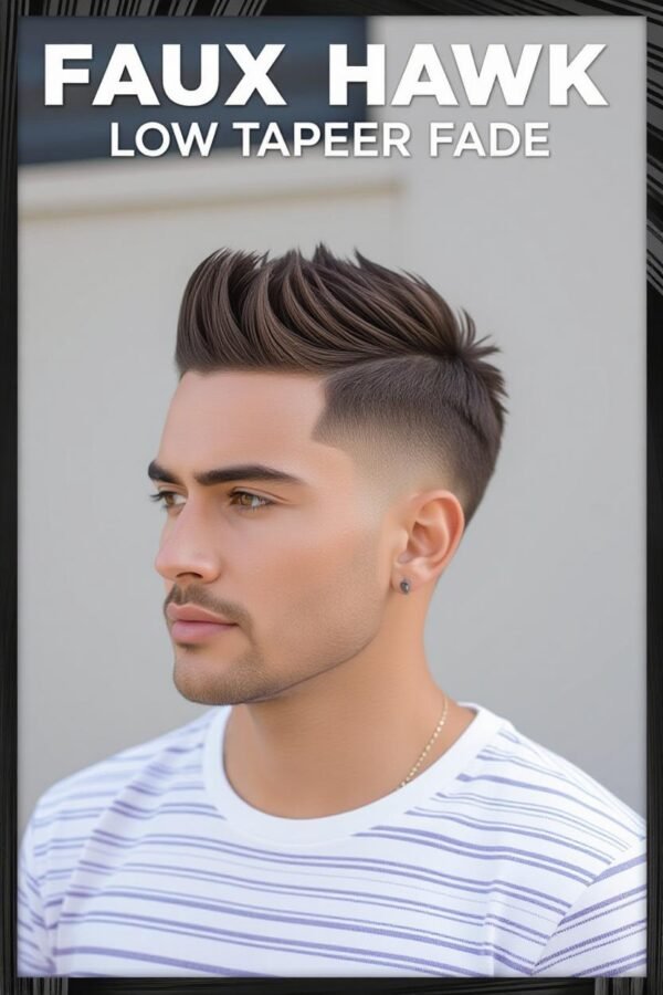 Faux hawk low taper fade, tamed mohawk hairstyle, versatile edgy look.