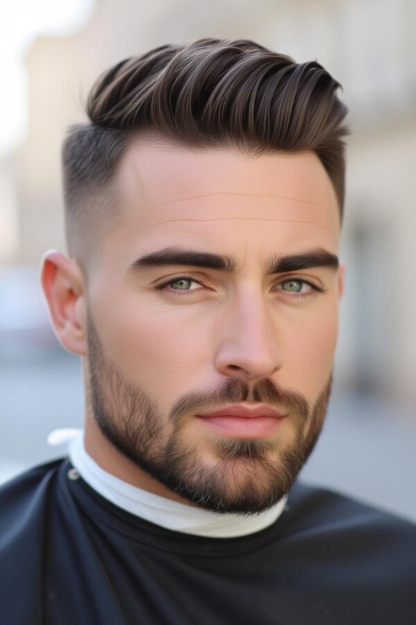 Fine hair round face low taper fade, textured top hairstyle, voluminous effect.
