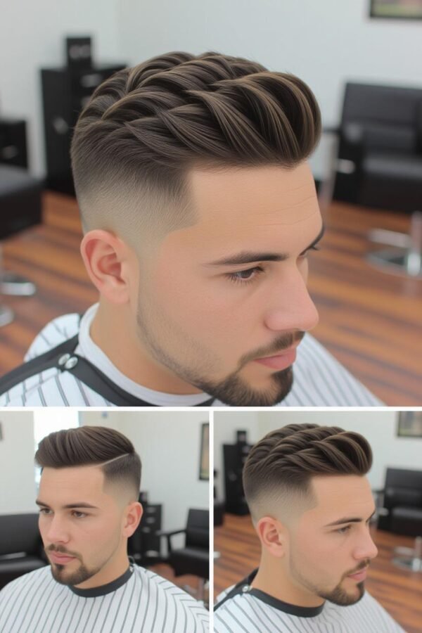 Hard part low taper fade, defined shaved line hairstyle, sharp bold look.