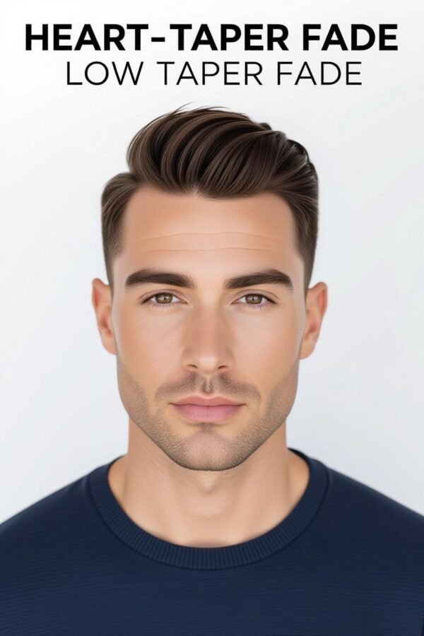Heart-shaped face low taper fade, short top hairstyle, balanced chin.
