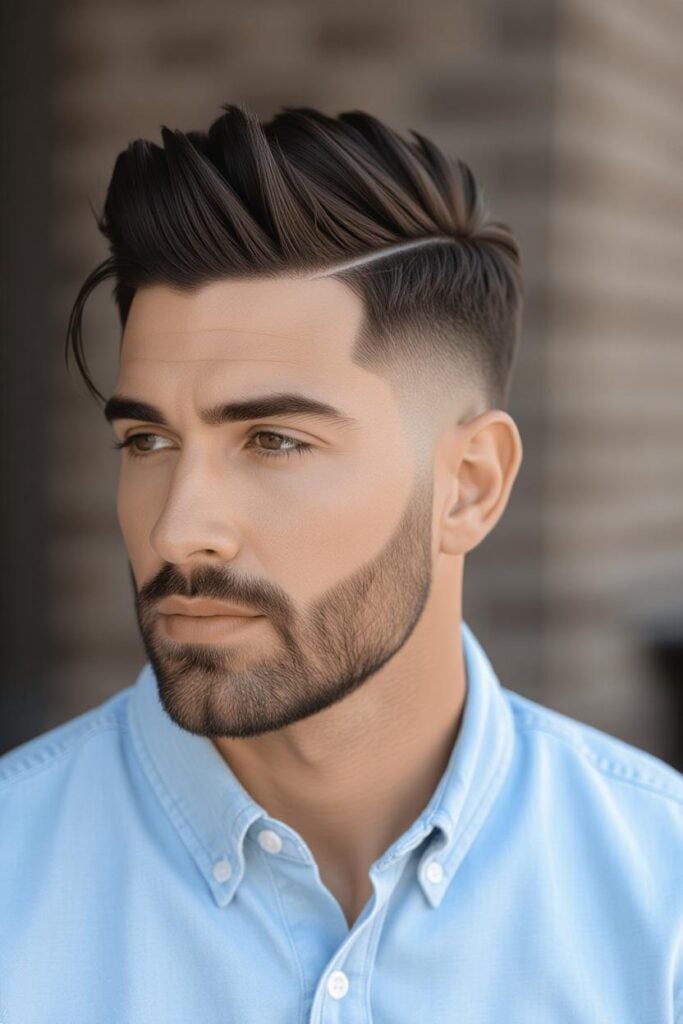 35 High Taper Fade haircuts for Men in 2025 A man with a high fade asymmetrical top, uneven top styled with cream and short tapered sides.