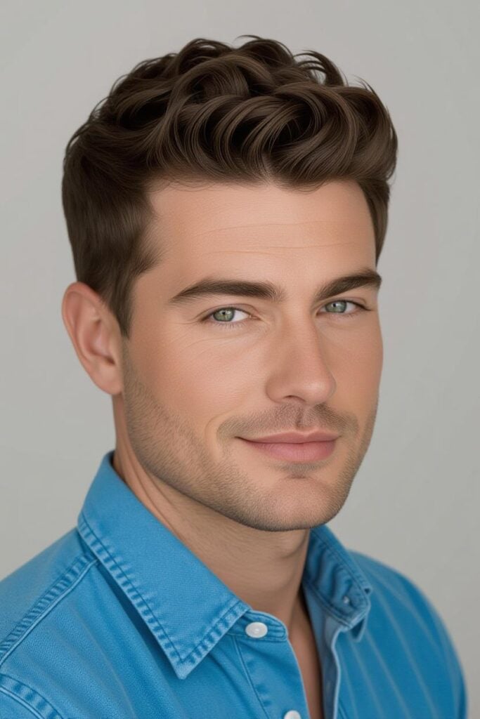 35 High Taper Fade haircuts for Men in 2025 A man with a high fade feathered top, layered top styled with curl cream and tapered sides.