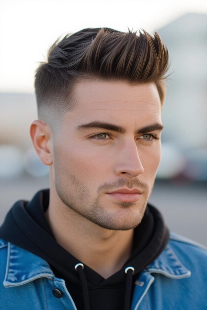 35 High Taper Fade haircuts for Men in 2025 A man with a high fade forward fringe, fringe styled with gel and tapered sides.