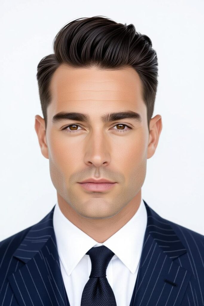 35 High Taper Fade haircuts for Men in 2025 A man with a high fade low pompadour, subtle top styled with pomade and tapered sides.
