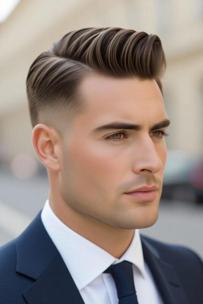 35 High Taper Fade haircuts for Men in 2025 A man with a high fade neat part, defined side part styled with cream and tapered sides.
