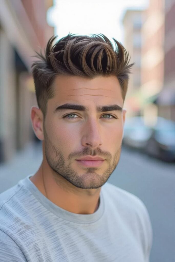 35 High Taper Fade haircuts for Men in 2025 A man with a high fade tousled hair, messy top styled with cream and short tapered sides.