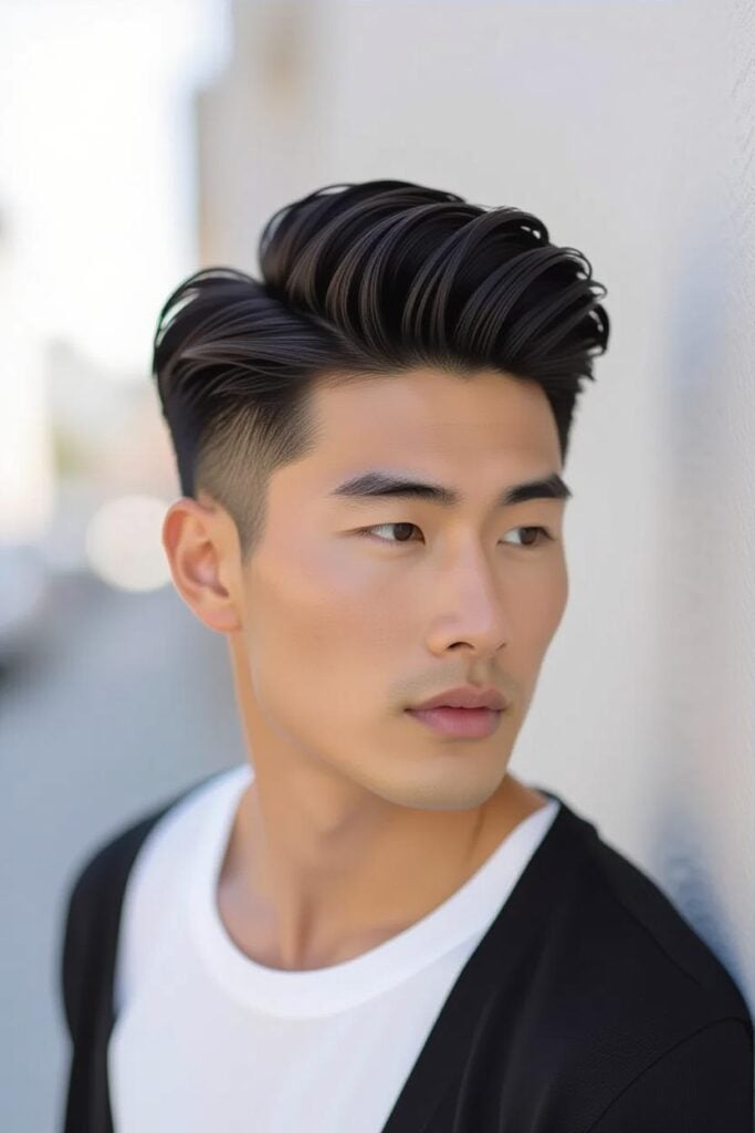 35 High Taper Fade haircuts for Men in 2025 An Asian man with a high taper fade, straight hair styled with matte clay and subtly tapered sides.