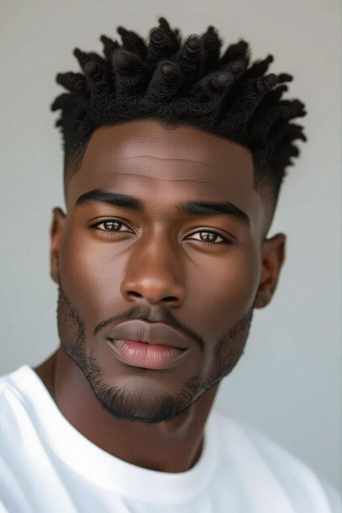35 High Taper Fade haircuts for Men in 2025 A Black man with a high taper fade, coily hair with defined waves on top and skin-tight tapered sides.