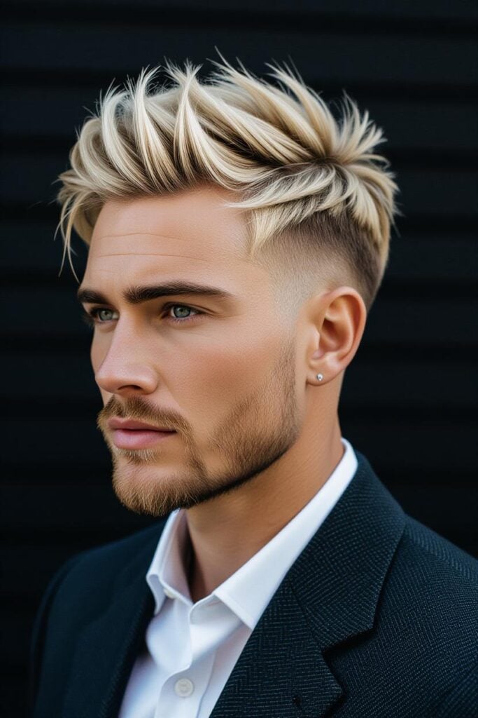 35 High Taper Fade haircuts for Men in 2025 A man with a high taper fade blonde, blonde-highlighted top styled with oil and tapered sides.