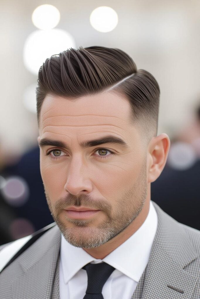 35 High Taper Fade haircuts for Men in 2025 A man with a high taper fade comb over, hair combed to one side with gel and tapered sides.