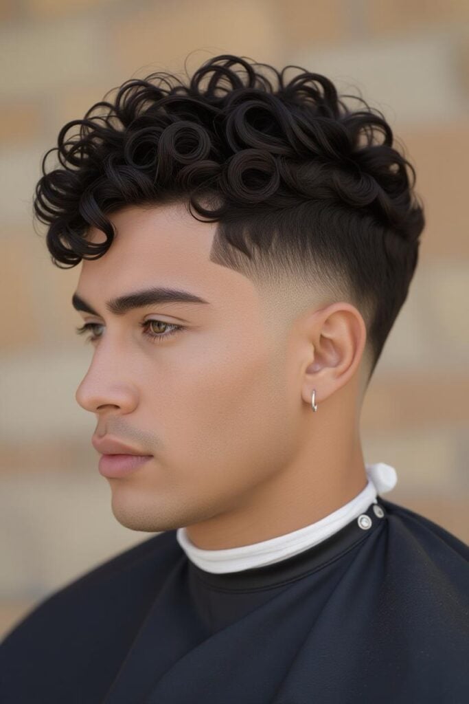 35 High Taper Fade haircuts for Men in 2025 A man with a high taper fade curly hair, defined curly top styled with curl cream and tapered sides.