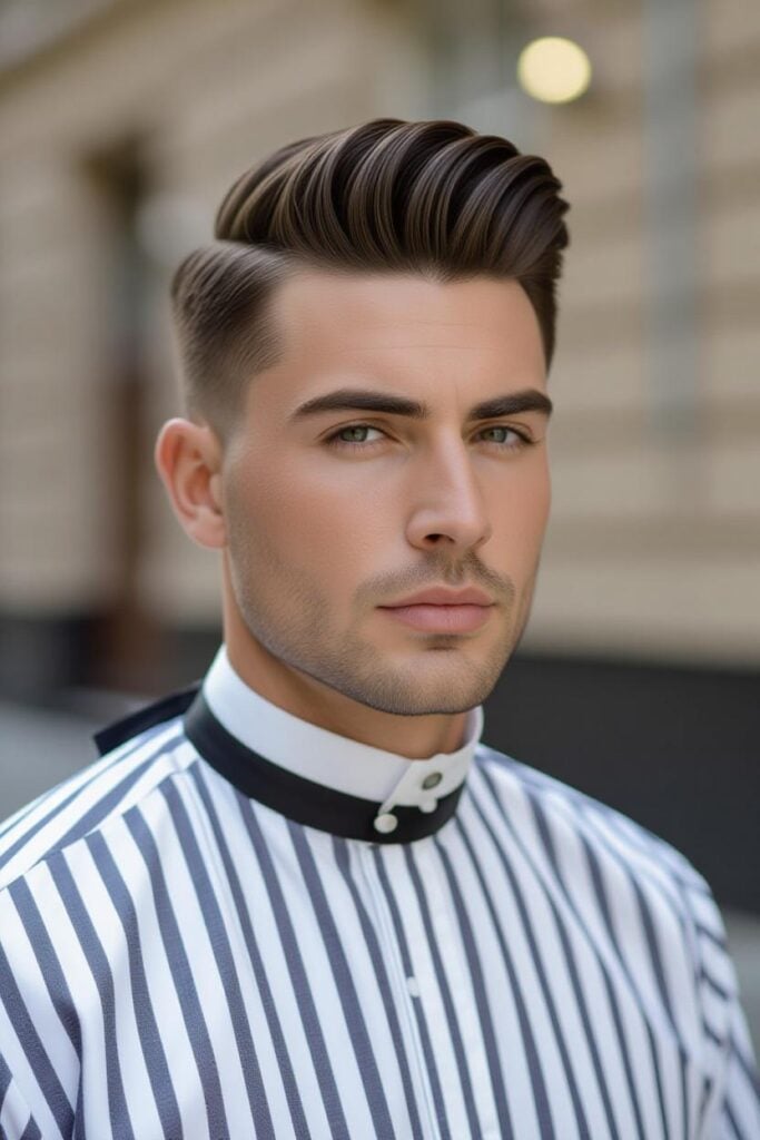 35 High Taper Fade haircuts for Men in 2025 A man with a high taper fade Edgar, blunt top with a crisp lineup styled with pomade and tapered sides.