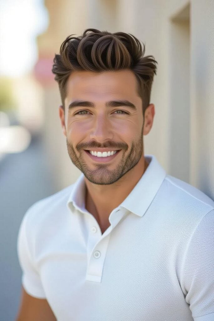 35 High Taper Fade haircuts for Men in 2025 A man with a high taper fade fluffy hair, voluminous curly top styled with a diffuser and tapered sides.