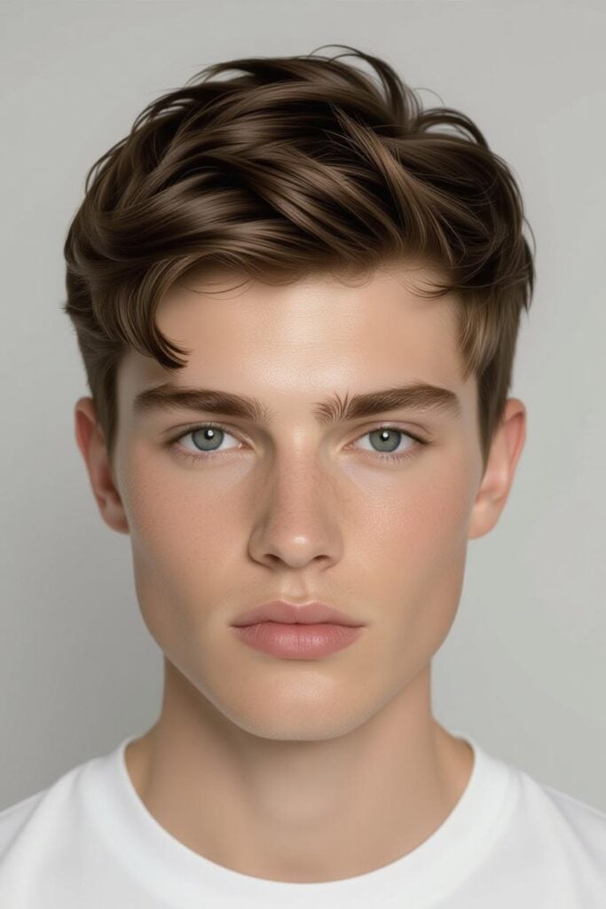 35 High Taper Fade haircuts for Men in 2025 A man with a high taper fade fringe, soft wavy fringe styled with cream and short tapered sides.