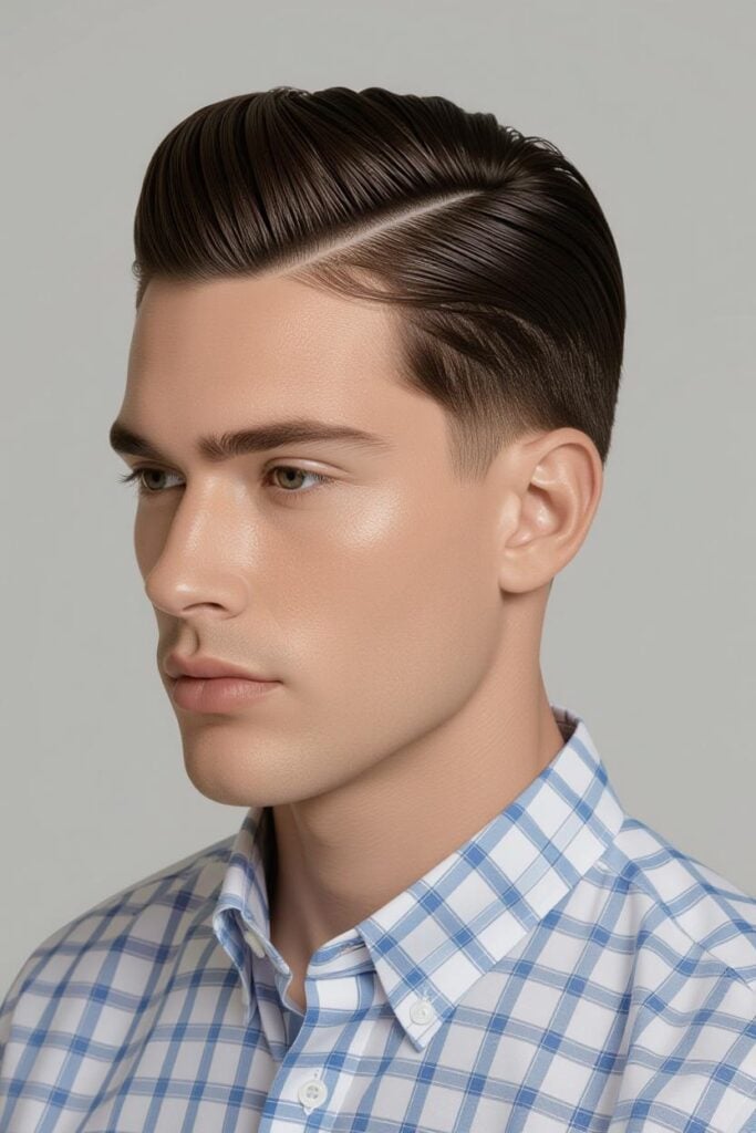 35 High Taper Fade haircuts for Men in 2025 A man with a high taper fade middle part, symmetrical top styled with pomade and tapered sides.