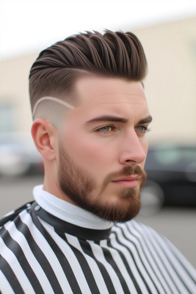 35 High Taper Fade haircuts for Men in 2025 A man with a high taper fade undercut, longer top styled with gel and short tapered sides with line art.