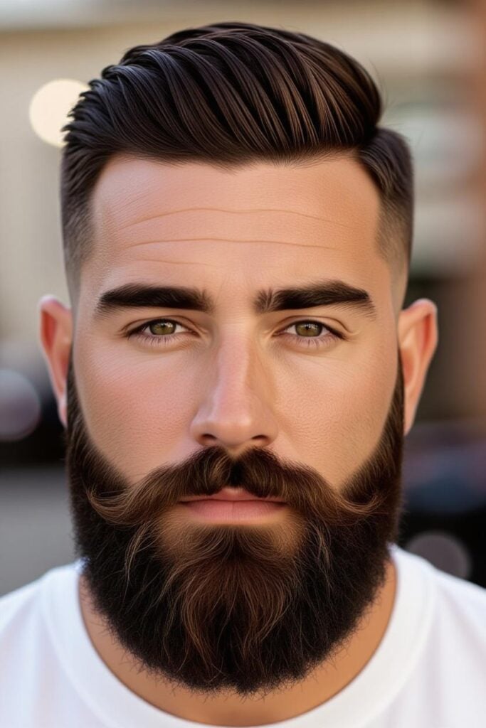 35 High Taper Fade haircuts for Men in 2025 A man with a high taper fade and beard, textured top with a well-groomed beard and tapered sides.