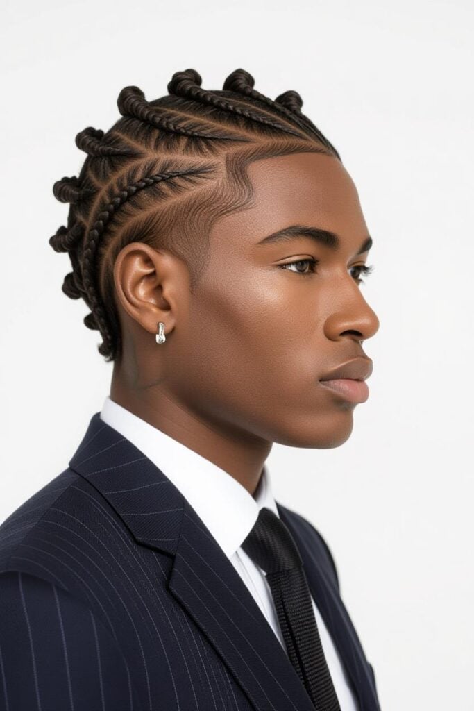 35 High Taper Fade haircuts for Men in 2025 A man with a high taper fade with braids, cornrows on top styled with edge control and short tapered sides.
