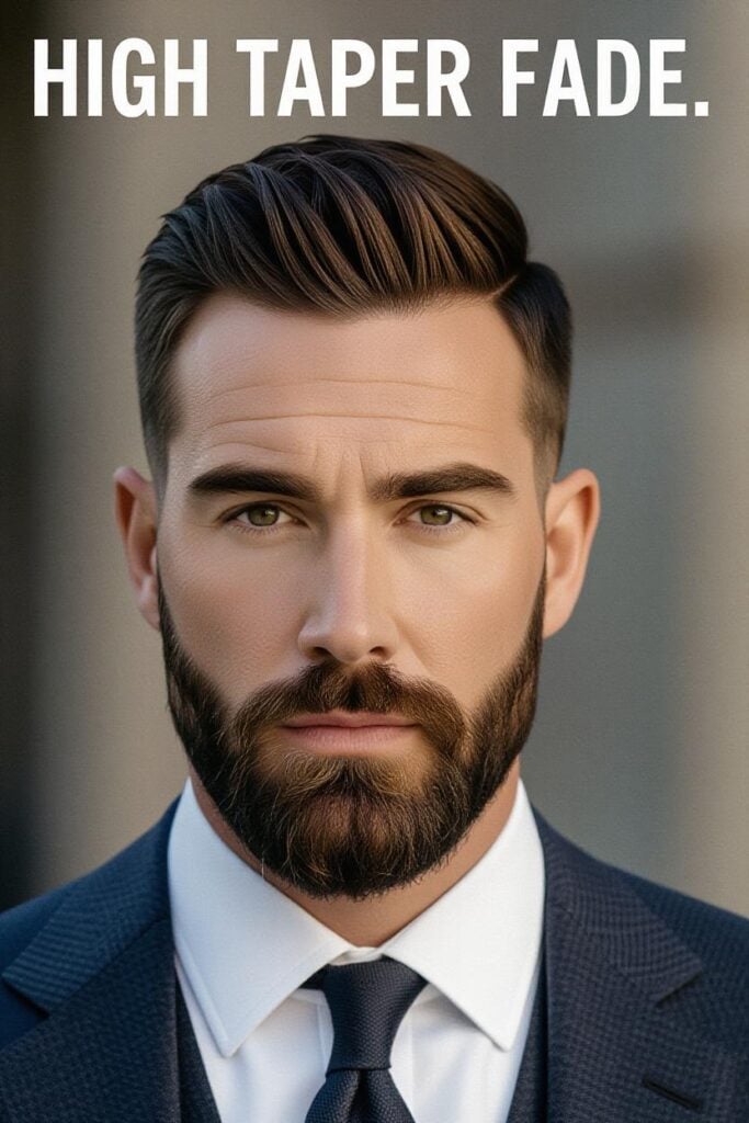 35 High Taper Fade haircuts for Men in 2025 A man with a high taper fade with hard part, defined line on top styled with pomade and short tapered sides.