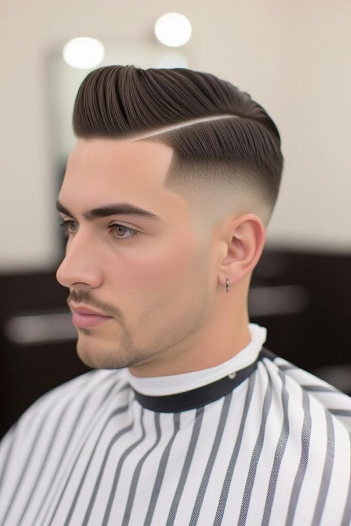35 High Taper Fade haircuts for Men in 2025 A man with a high and tight fade, ultra-short sides and slightly longer top styled minimally.