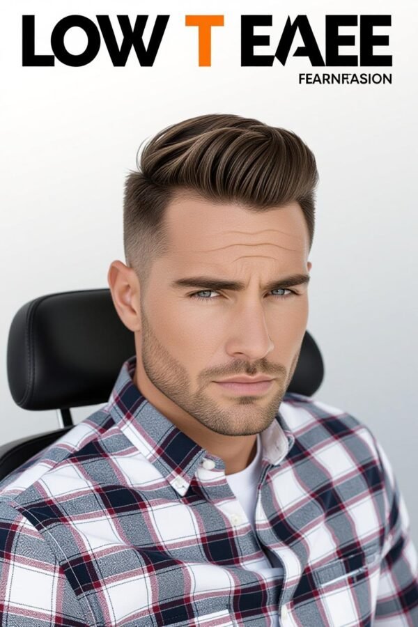 Highlighted low taper fade, colored top hairstyle, bold modern look.