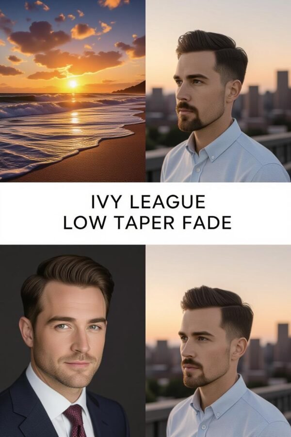 Ivy League low taper fade, preppy short hairstyle with side part, clean look.