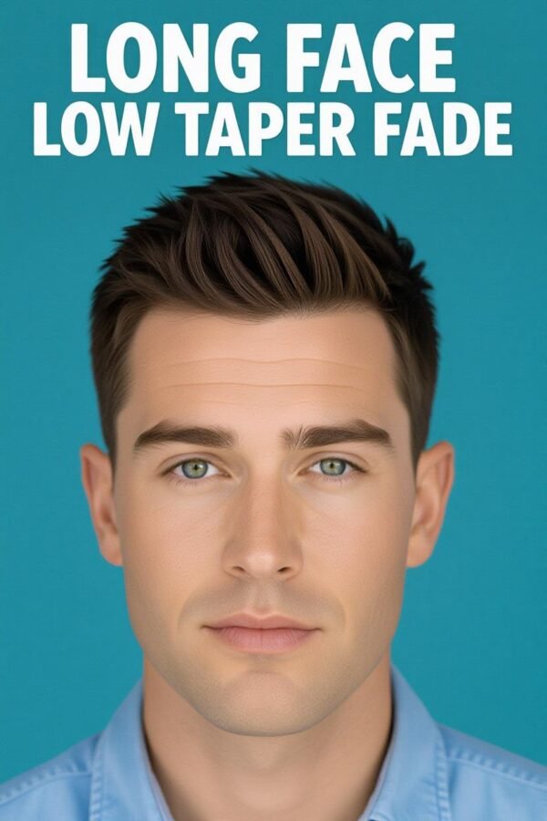 Long face low taper fade, short top hairstyle, face-shortening effect.
