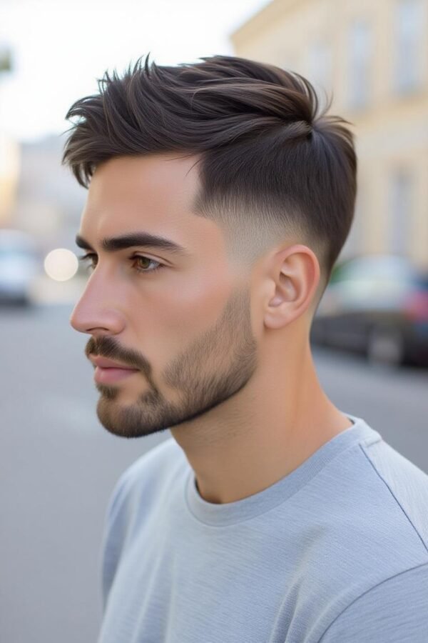 Messy top low taper fade, tousled hairstyle for wavy hair, casual vibe.