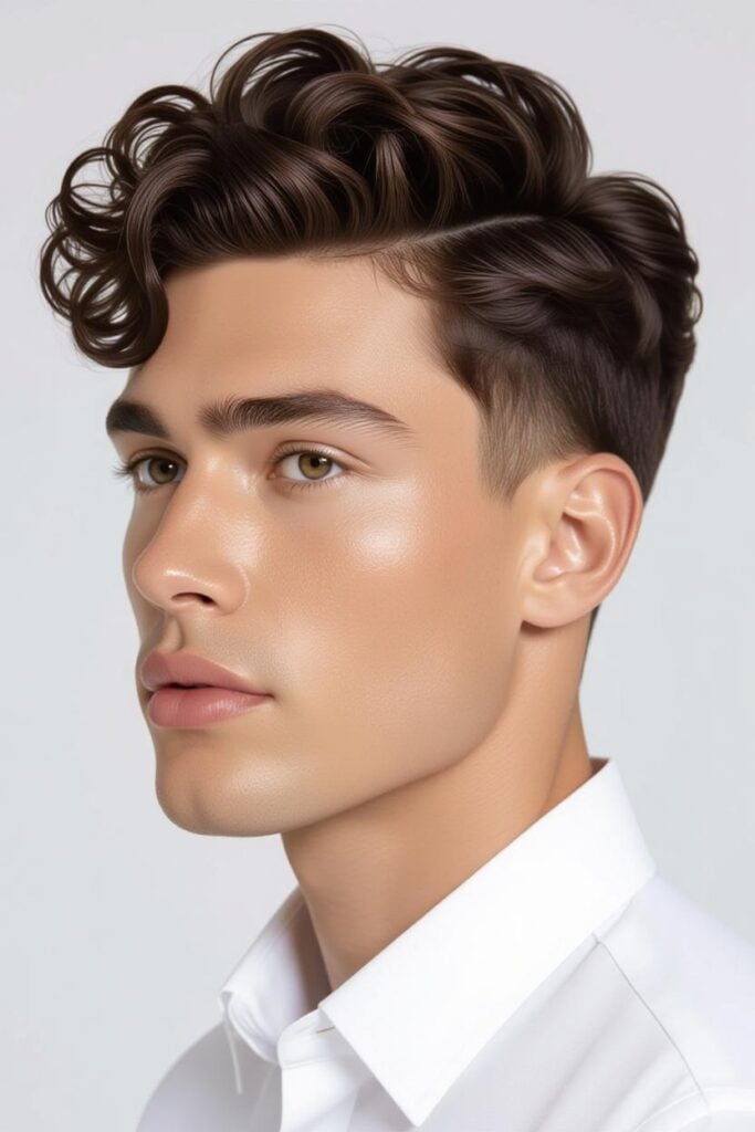 Mid Taper Fade: 35 Unique Styles for Men in 2025 Mid taper fade curly burst, curly ear-curve hairstyle, artistic look