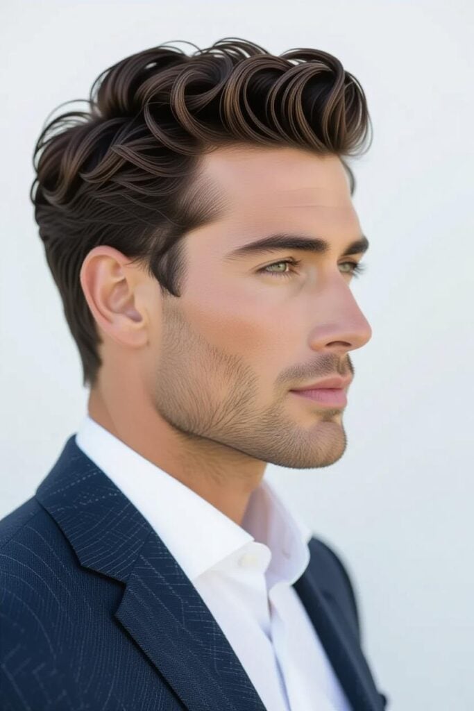 Mid Taper Fade: 35 Unique Styles for Men in 2025 Mid taper fade curly sweep, curly elegant sweep hairstyle, sophisticated look.