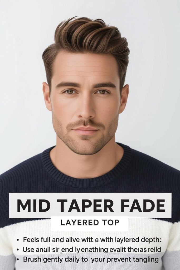 Mid Taper Fade: 35 Unique Styles for Men in 2025 Mid taper fade layered top, layered deep hairstyle, modern vibe