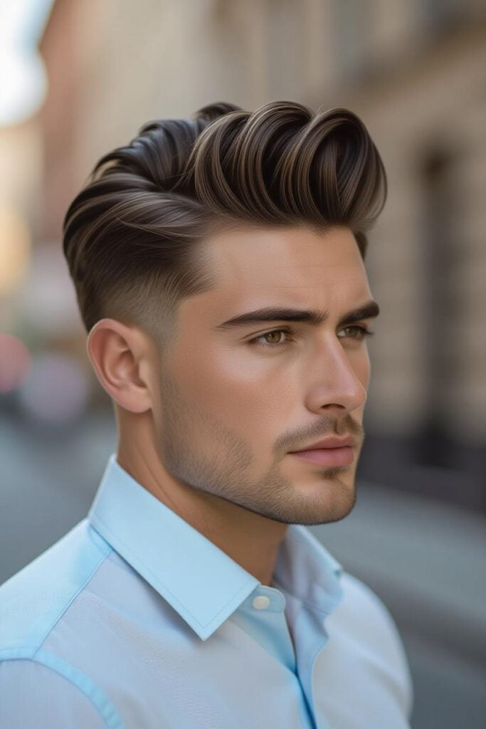 Mid Taper Fade: 35 Unique Styles for Men in 2025 Mid taper fade retro pompadour, high swept hairstyle, vintage vibe.