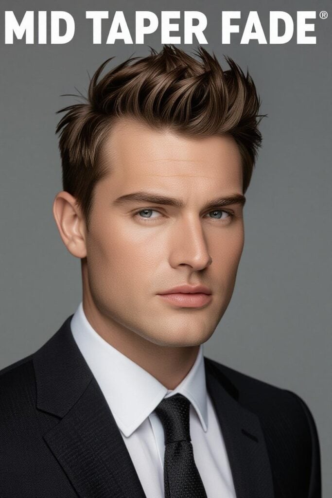 Mid Taper Fade: 35 Unique Styles for Men in 2025 Mid taper fade sculpted spike, sharp spiked hairstyle, bold look