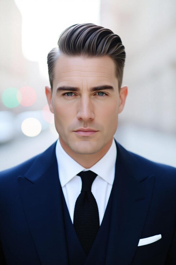 Mid Taper Fade: 35 Unique Styles for Men in 2025 Mid taper fade slicked quiff, high quiffed hairstyle, stylish look