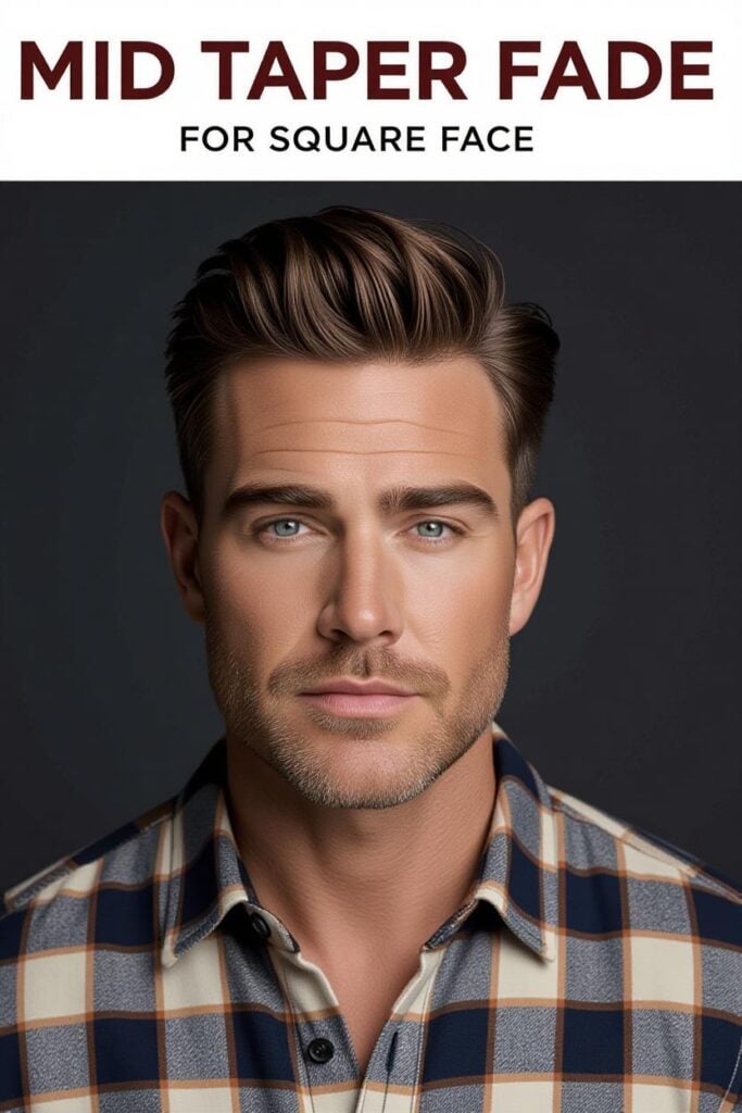 Mid Taper Fade: 35 Unique Styles for Men in 2025 Mid taper fade for square face, layered softening hairstyle, balanced style.