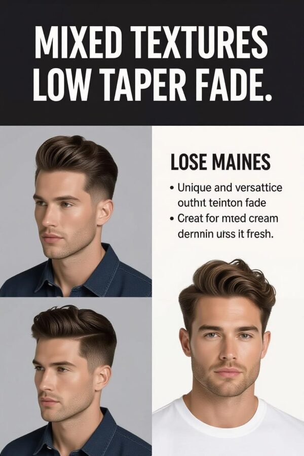 Mixed textures low taper fade, blended texture hairstyle, unique modern look.