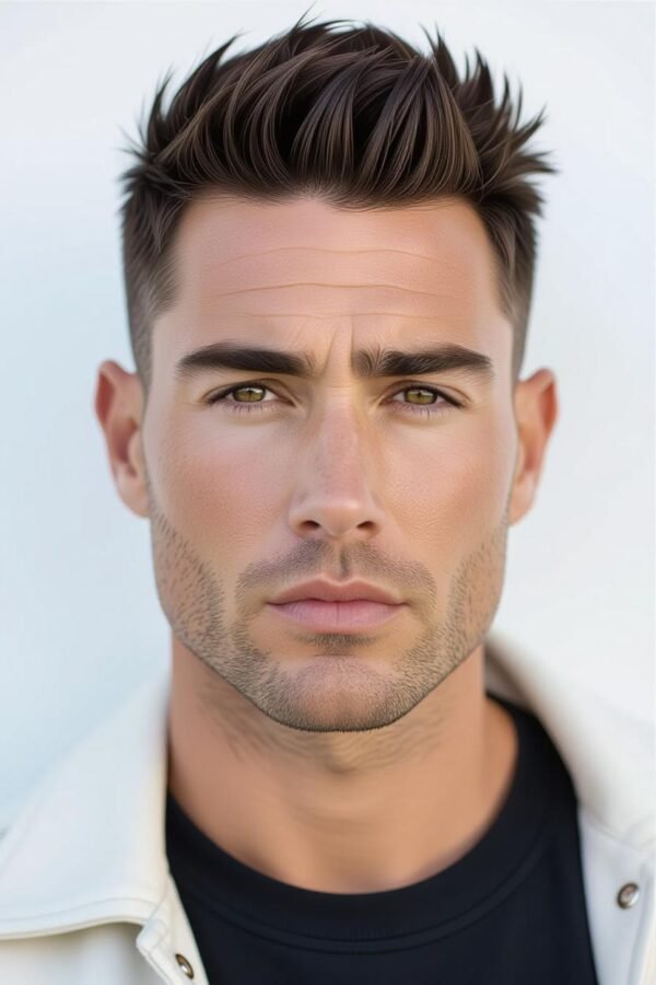 Mohawk low taper fade, narrow center strip hairstyle, bold edgy look.