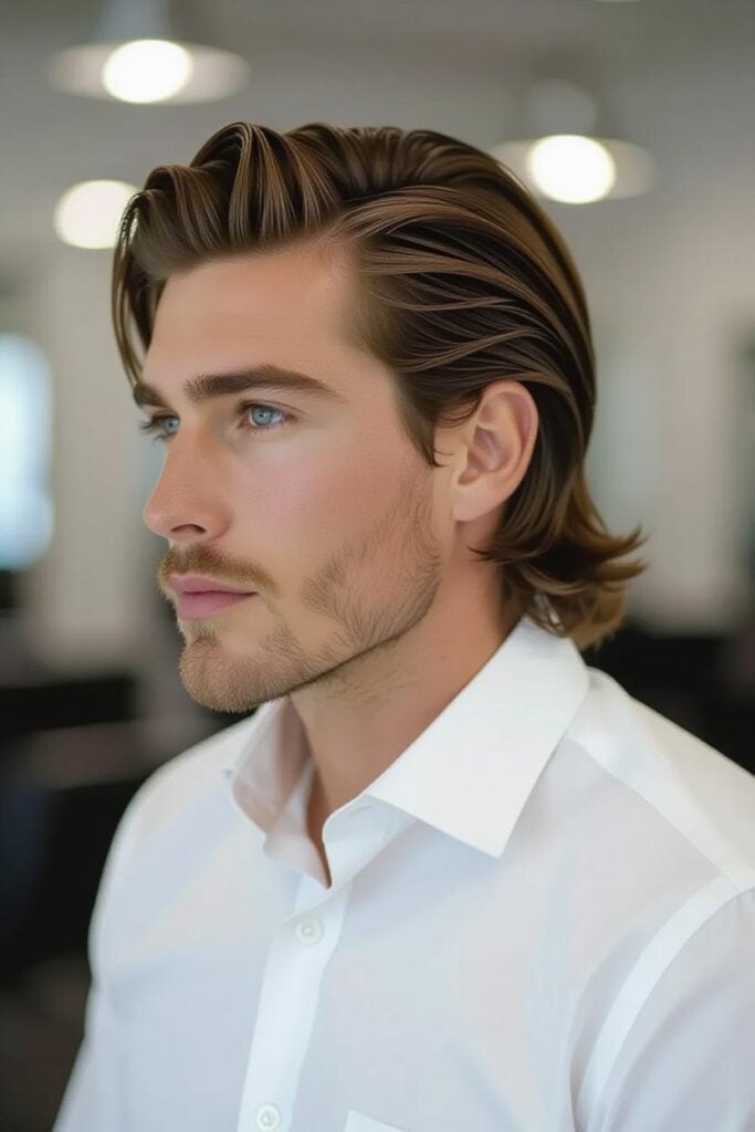35 High Taper Fade haircuts for Men in 2025 A man with a mullet high taper fade, longer wavy back styled with pomade and short, tapered sides.