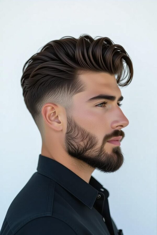 Mullet low taper fade, long back short front hairstyle, retro-modern look.