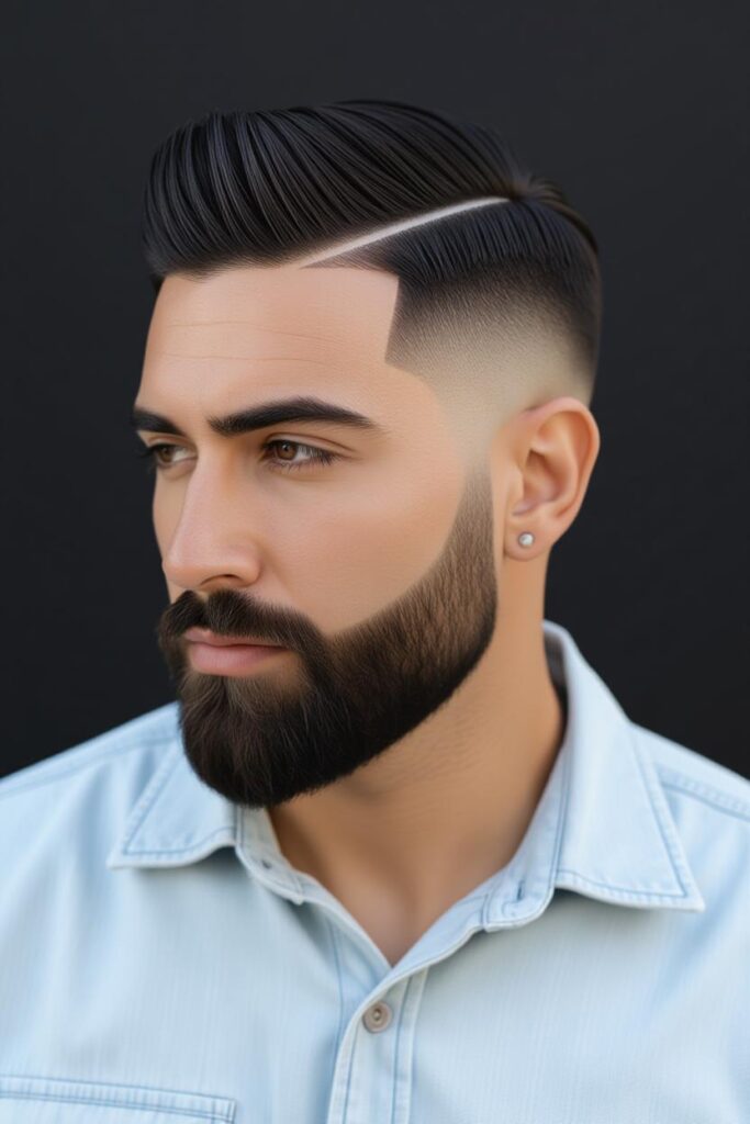 35 High Taper Fade haircuts for Men in 2025 A man with a ninja high taper fade, sleek top styled with matte cream and tapered sides with a subtle shaved line.