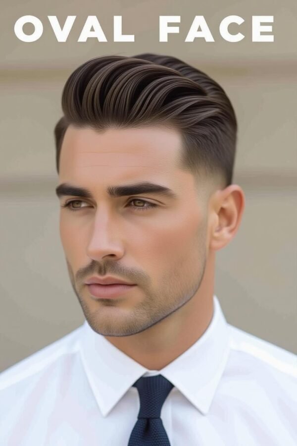 Oval face low taper fade, balanced hairstyle, clean versatile look.