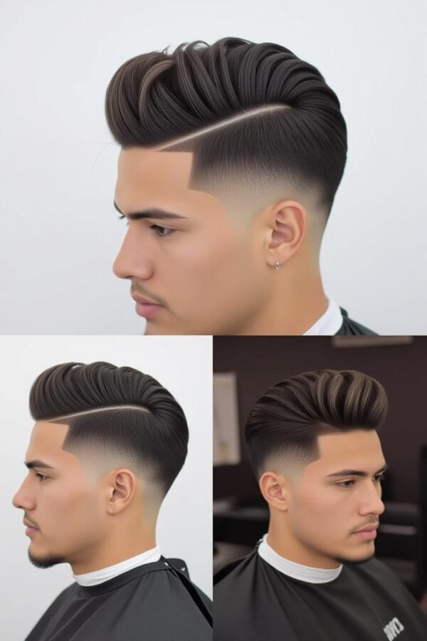 Pompadour low taper fade, voluminous retro hairstyle, bold modern look.