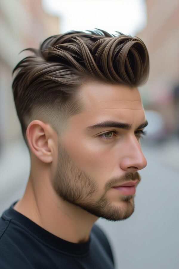 Quiff low taper fade, voluminous front hairstyle for oval face, modern look.
