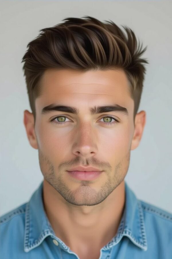 Round face low taper fade, short top hairstyle, elongating effect.