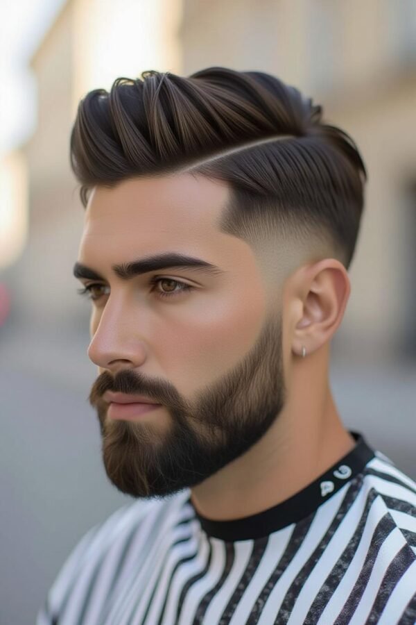 Side swept low taper fade, asymmetrical hairstyle for oval face, stylish look.