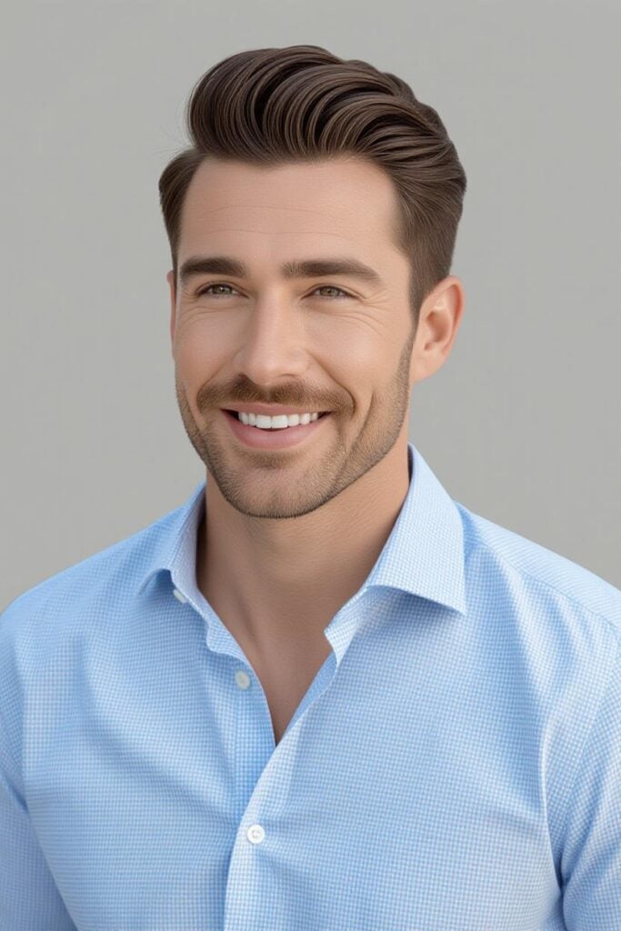 35 High Taper Fade haircuts for Men in 2025 A man with a side swept taper fade, top styled with gel to one side and short tapered sides.