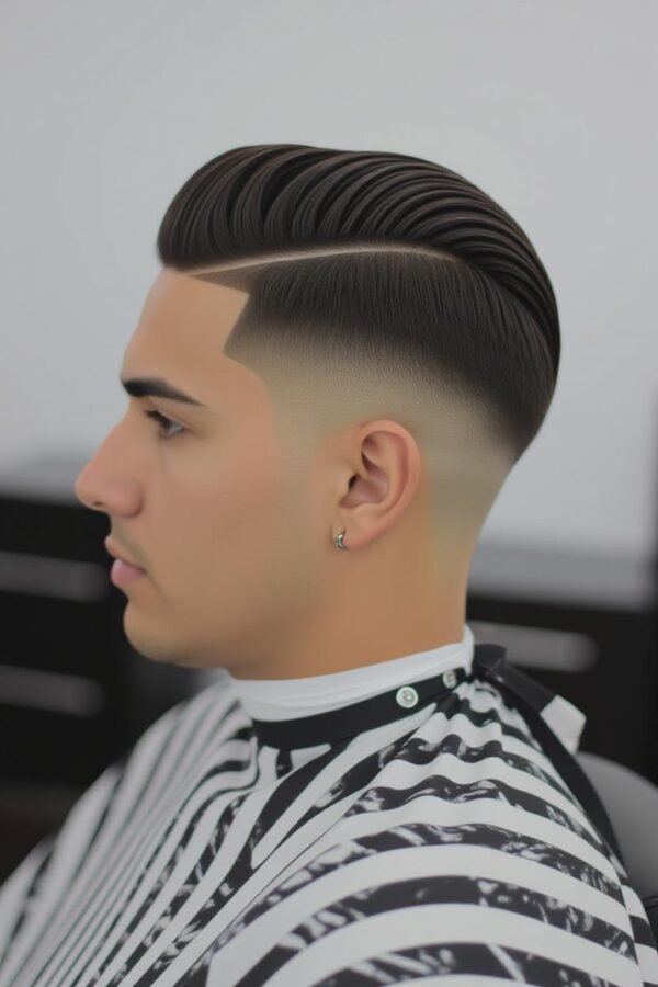Slick back low taper fade, brushed-back hairstyle with shine, professional look.