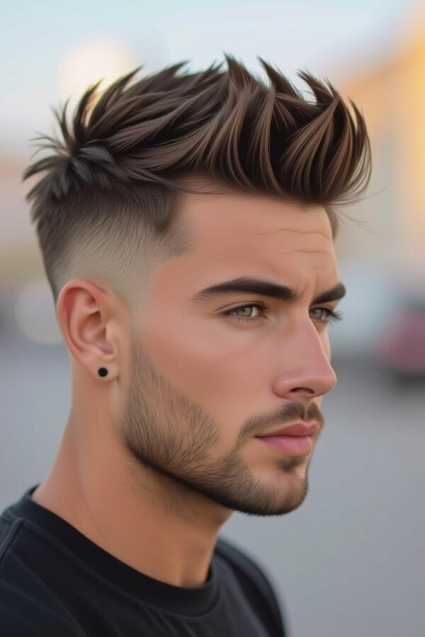 Spiky top low taper fade, short spiked hairstyle, youthful bold look.