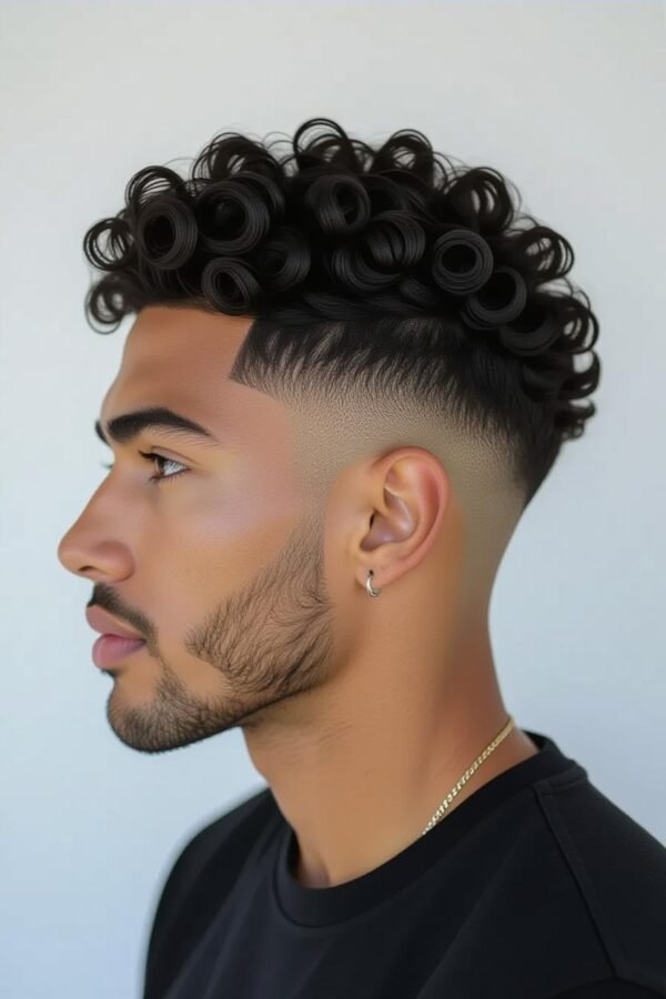 Sponge curls low taper fade, tight curled hairstyle, bold textured look.