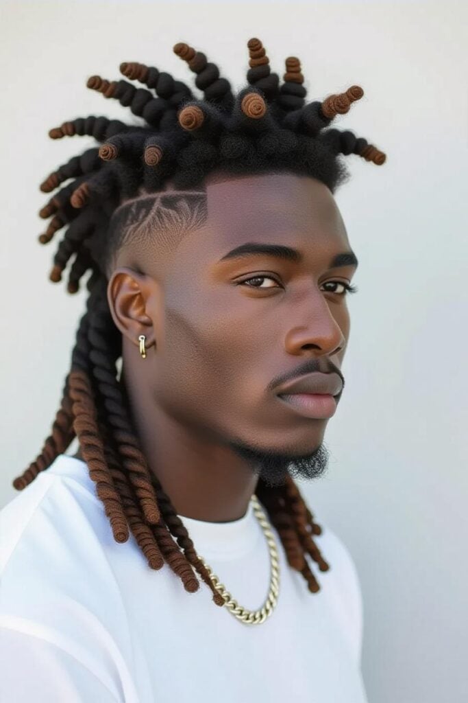 35 High Taper Fade haircuts for Men in 2025 A man with taper fade dreads, long dreads on top and short tapered sides, styled with conditioner.